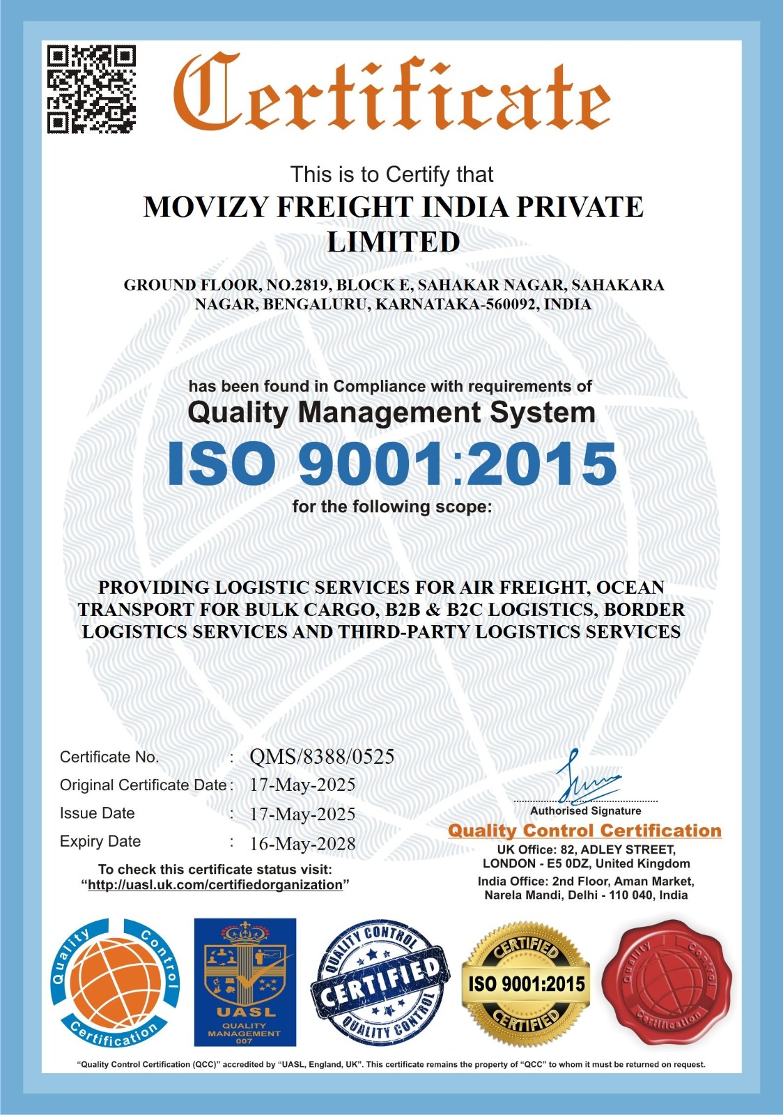 Movizy Freight India ISO 9001:2015 certificate