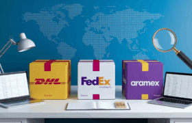 Comparison infographic of DHL vs FedEx vs Aramex international courier services showing speed, cost, and reliability metrics for shipments from India.