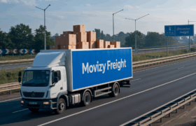 Movizy truck on Indian highway carrying household boxes for Bangalore relocation using reliable road freight in India
