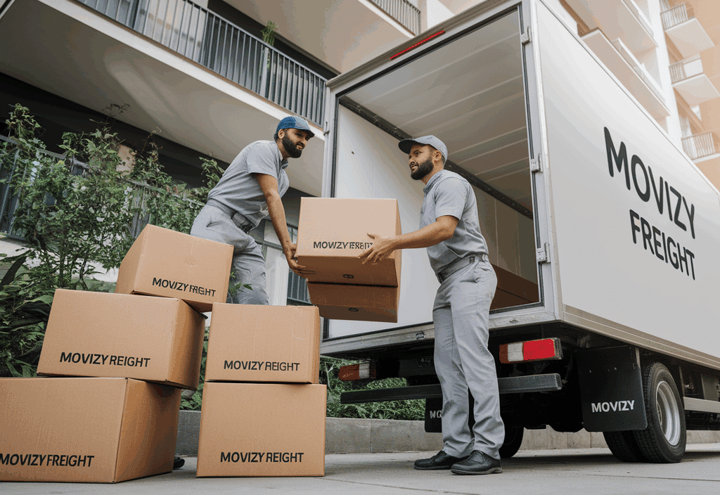 Movizy packers and movers team loading boxes into truck showing real charges and rates in Bangalore