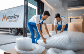 Movizy professional movers in Bangalore packing fragile glassware and boxes with bubble wrap for safe relocation