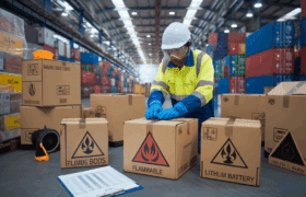A realistic image of an Indian exporter wearing safety gear, labeling export boxes with dangerous goods hazard symbols in a warehouse, referencing certification and global cargo transport.