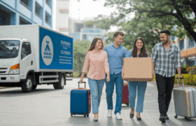 Student relocation in Bangalore colleges by Movizy Freight India with movers helping students shift luggage and study materials safely.