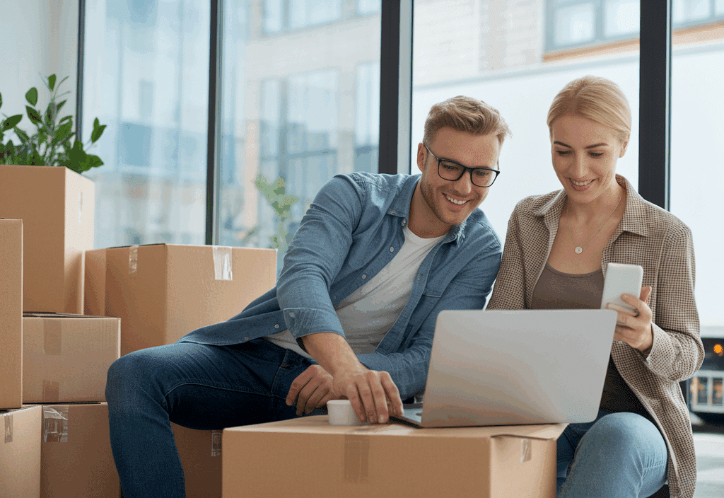 Customer learning how to book packers and movers online using laptop at home with Movizy Freight’s relocation booking service.