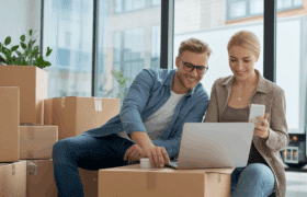 Customer learning how to book packers and movers online using laptop at home with Movizy Freight’s relocation booking service.