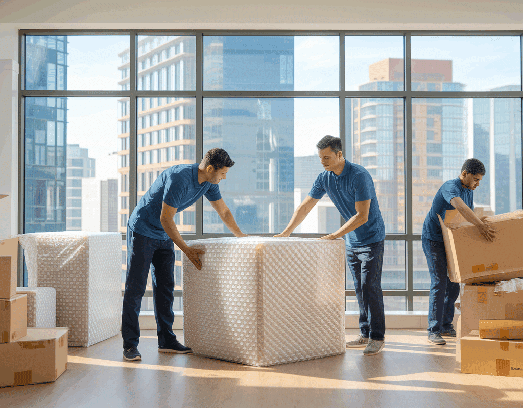 Realistic image of Indian packers and movers wrapping furniture and packing boxes inside a Bangalore apartment during a local house shifting.