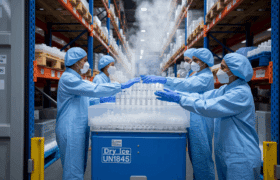 Indian pharma logistics staff packing vaccine vials into a dry-ice-insulated container with visible vapor in a real warehouse.