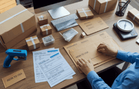 Realistic scene of courier parcels and documents being processed at an Indian airport cargo terminal for USA-bound international shipping.