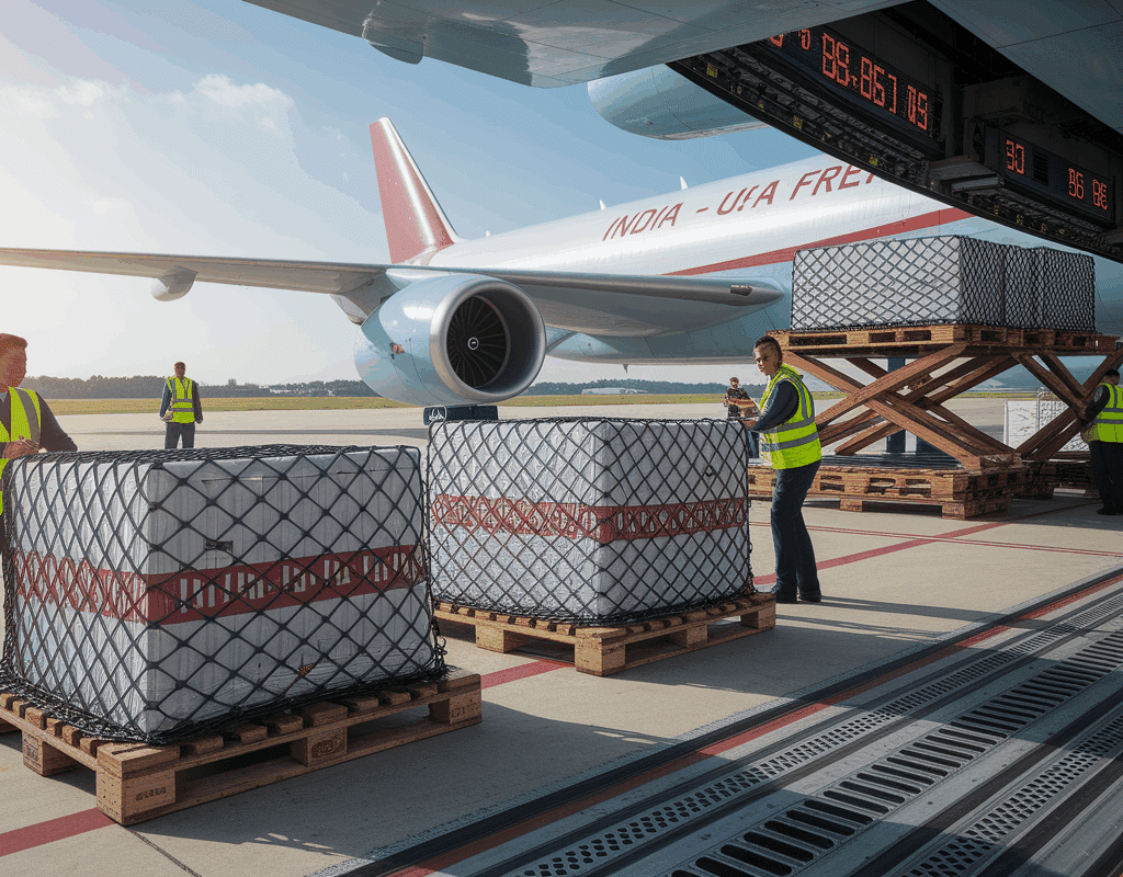 Indian air cargo officer weighing export parcels to determine air freight charges from India to the USA per kg at an airport cargo terminal.