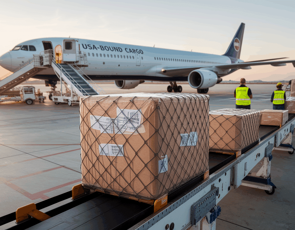 Realistic image of an Indian logistics professional preparing document envelopes and small parcels for shipment from India to the USA on a warehouse packing desk.