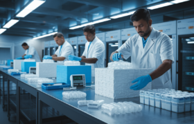 Indian cold chain logistics staff preparing insulated pharmaceutical packages with dry ice in a medical facility.
