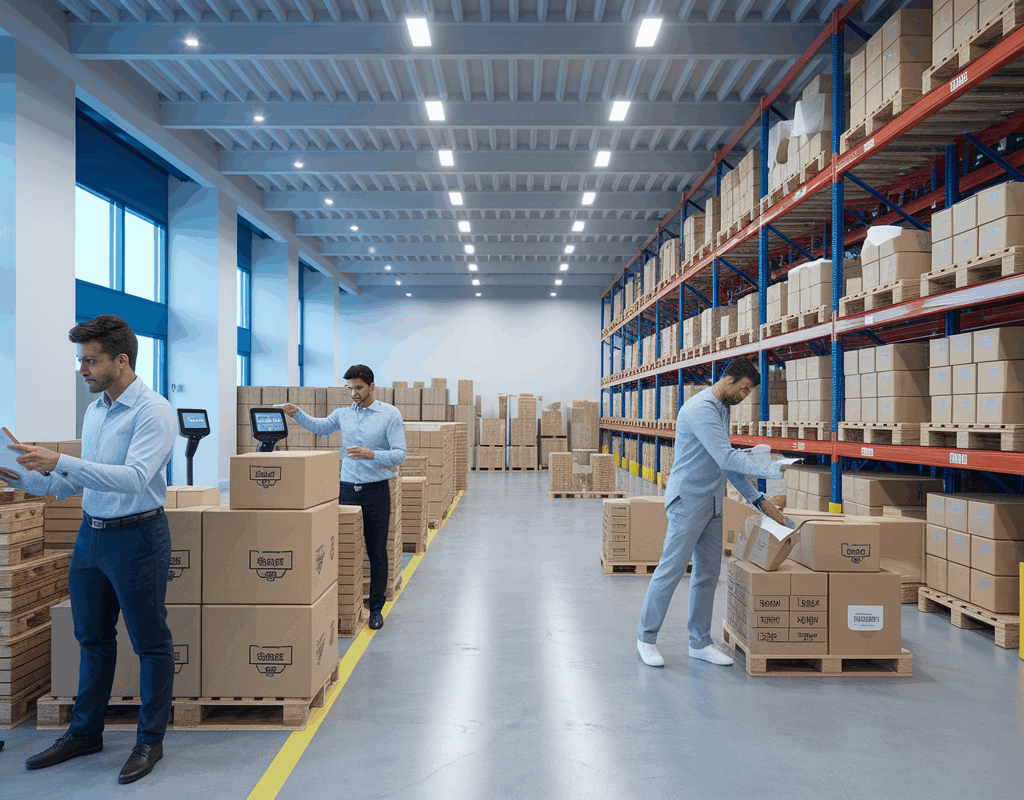 Indian logistics team managing inventory and preparing shipments for B2B logistics services in a Bangalore warehouse.