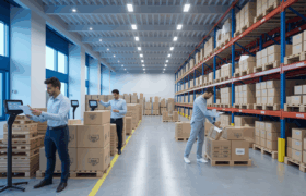 Indian logistics team managing inventory and preparing shipments for B2B logistics services in a Bangalore warehouse.