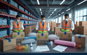 Indian dangerous goods handling team inspecting and labeling DG cargo for export shipping in Bangalore.