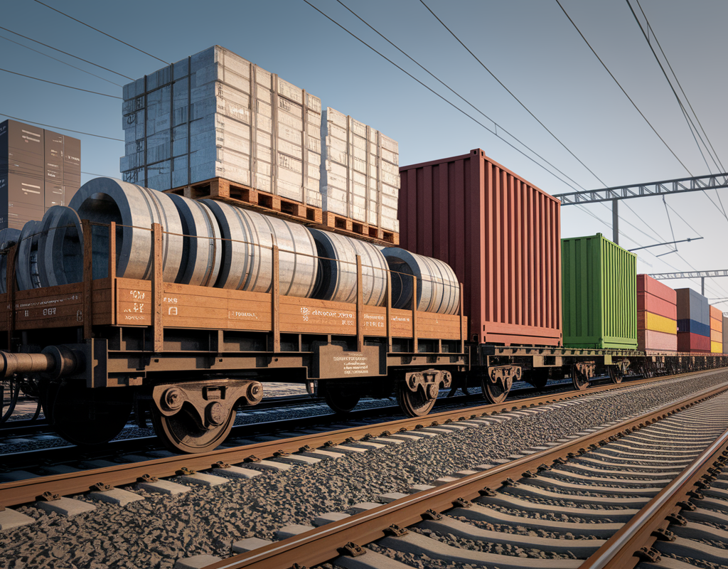 Indian freight train moving bulk cargo through an industrial railway corridor.