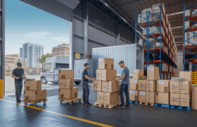 Indian logistics workers loading commercial cargo onto a road freight truck in a Bangalore industrial area.