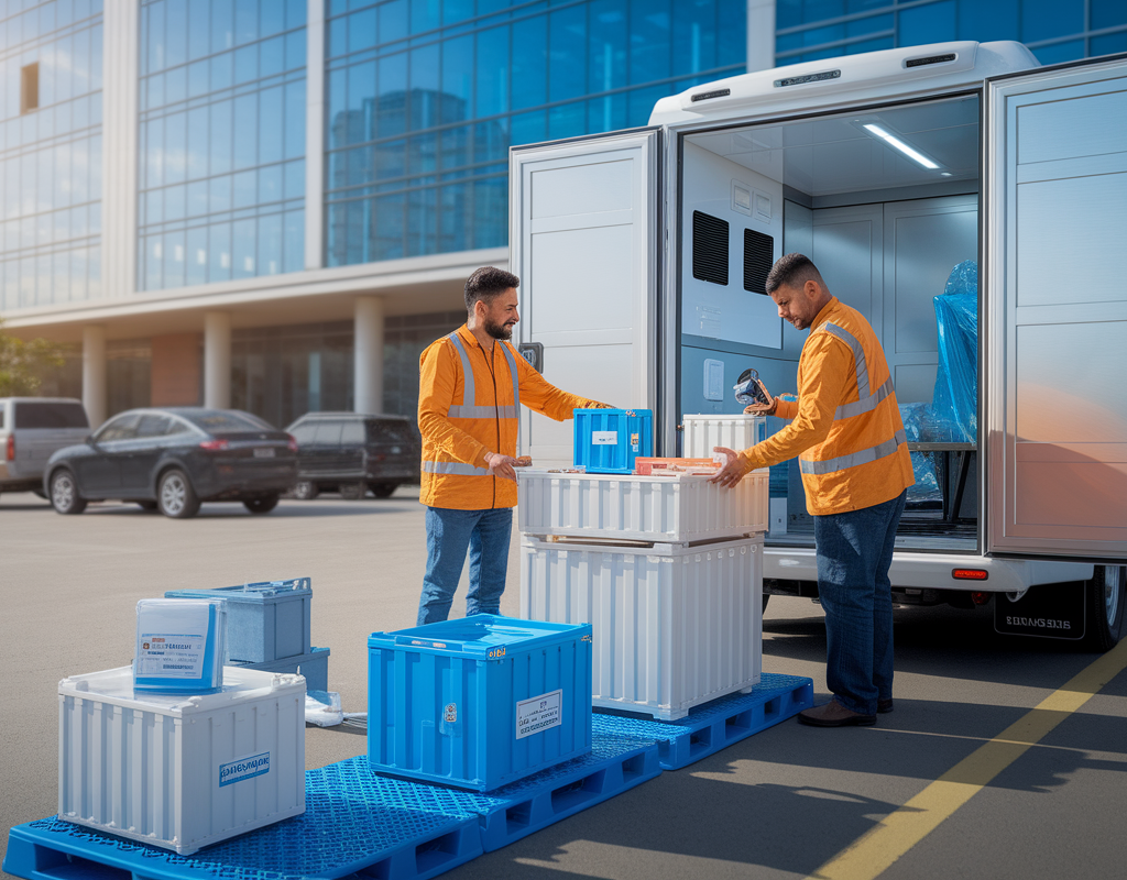 Indian logistics team loading temperature-controlled pharmaceutical shipments into a refrigerated vehicle in Bangalore.