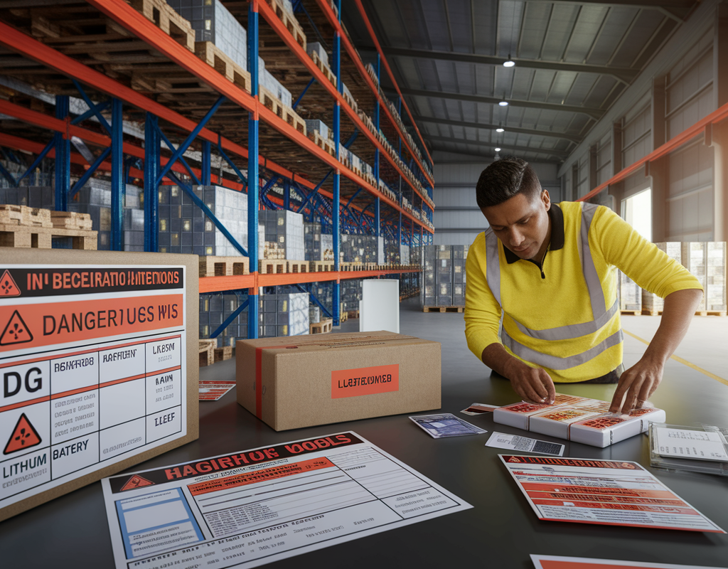 Indian logistics professionals sealing UN-certified hazardous goods packages inside a Bangalore warehouse.
