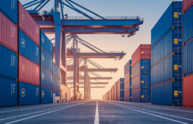 Stacked export shipping containers at an Indian port with cranes in the background.