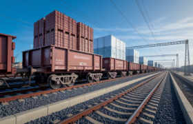 Indian Railways freight wagons loaded with bulk industrial cargo at a freight terminal.