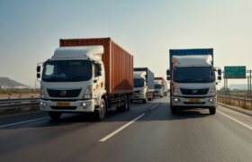 Commercial road freight trucks transporting eCommerce cargo on an Indian national highway.