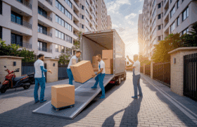 Realistic scene of Indian movers loading household items into a moving truck outside a residential complex in Bangalore during local shifting.