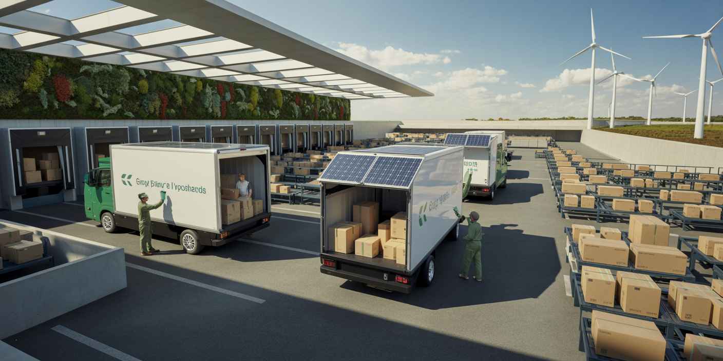 Green logistics illustration: electric trucks and solar warehouse