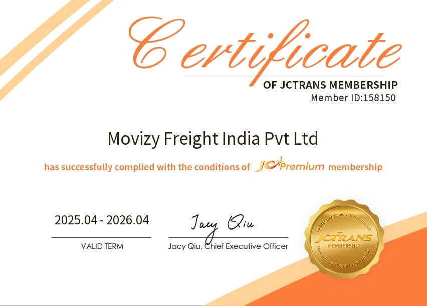 Movizy Freight India JCTrans membership certificate